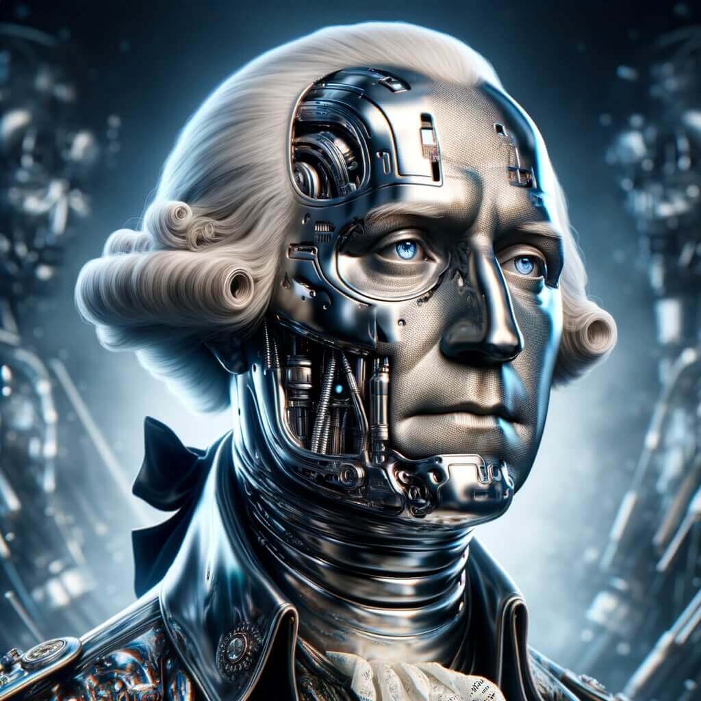 The image depicts a futuristic and artistic representation of a figure resembling George Washington, the first President of the United States, merged with a robotic or cyborg form